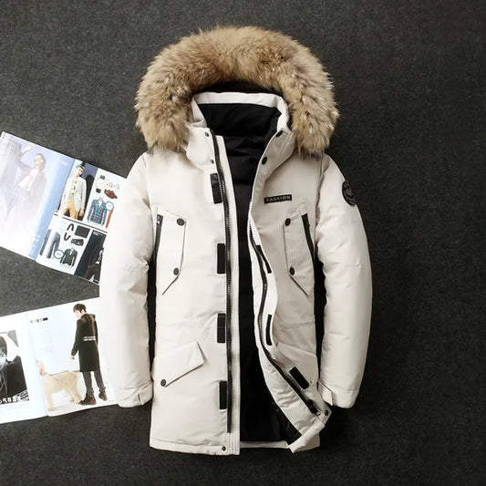 Men Winter Duck Down Coats Hooded Fur Collar Long Down Jackets High