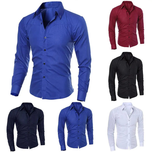 Men's Luxury Casual Social Formal Shirt Lapel Long Sleeve Slim Solid