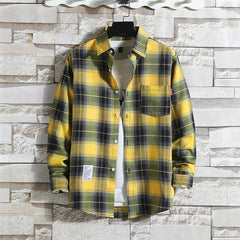 Men's Casual Plaid Shirt Polyester Long Sleeve Lapel Plaid Casual