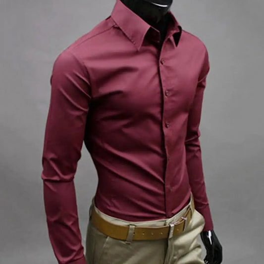 Elegant Business Shirt Button-down Closure Cotton Blend Men's Slim Fit