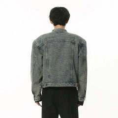 Men's Denim Jacket Metal Design Distressed Washed Cropped Jean Jackets