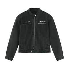 Men's Denim Jacket Metal Design Distressed Washed Cropped Jean Jackets