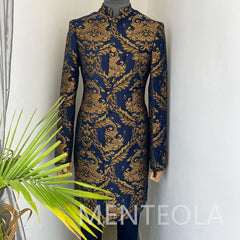 Elegant Floral Suits for Men Jacquard Long Jacket Pants with Stand