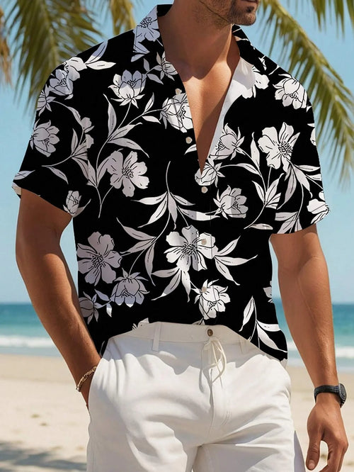 Men's Plant Print Vacation Style Short Sleeve Button-Down Shirt