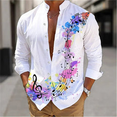 Summer 2024 Men's Shirt Long Sleeve Music Note 3D Printed Stand Collar