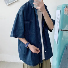 Blue Denim Short Sleeve Shirts Men Summer Thin Korean Fashion Top