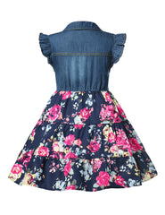 Summer Denim Dress Belted Above Knee Floral Bottom Girls Casual Frock