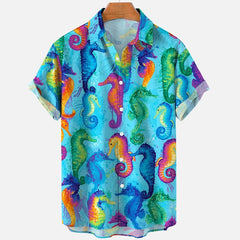 3d Sea Animal Seahorse Fish Print Lapel Hawaiian Shirt Men's Summer