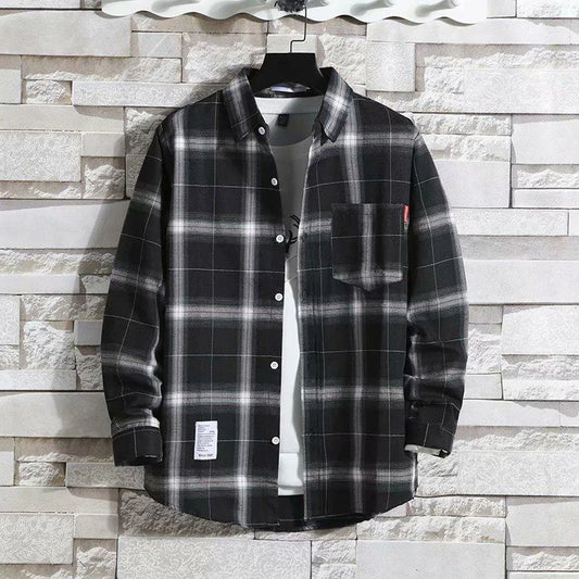 Men's Casual Plaid Shirt Polyester Long Sleeve Lapel Plaid Casual