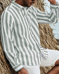 Summer 2023 men's long-sleeved green striped printed shirt men's