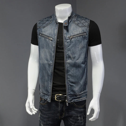 DIMUSI Mens Denim Vests Vintage Fashion Design Retor Sleeveless