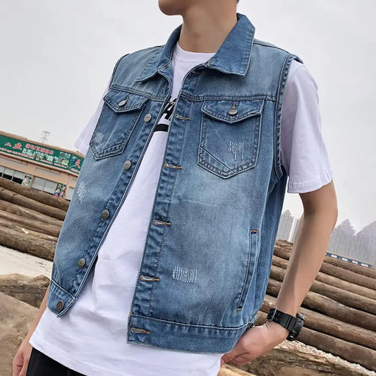 Men Denim Vests 2023 Spring Summer Ripped Long Hole Jeans