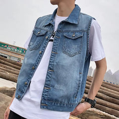 Men Denim Vests 2023 Spring Summer Ripped Long Hole Jeans