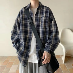Lapel Collar Shirt Jacket Retro Plaid Print Men's Shirt Coat Long