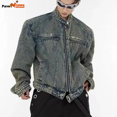 Men's Denim Jacket Metal Design Distressed Washed Cropped Jean Jackets