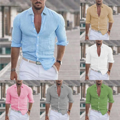 New Men Casual Cotton Linen Shirts Turn-down Collar Solid Color Long