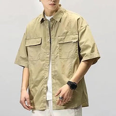 Men Cargo Shirt Hip-hop Turn-down Collar Short Sleeves Single-breasted