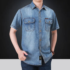 2023 Summer New Simple Polo Collar Men Denim Short Sleeve Shirt