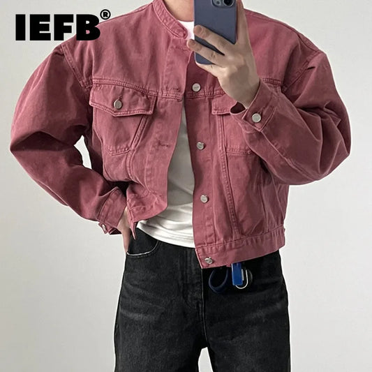 IEFB New Fashion Men's Denim Jacket High Street Male Stand Collar Top