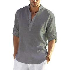 New Men's Linen Long Sleeve Breathable Shirt Solid Color Casual Basic