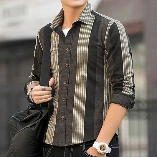 Spring Autumn New Fashion Striped Shirt Man Turn-down Collar Long