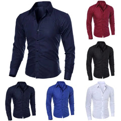 Men's Luxury Casual Social Formal Shirt Lapel Long Sleeve Slim Solid