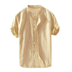 Simple Men's Short-sleeved Shirts Cotton Linen Summer Solid Color