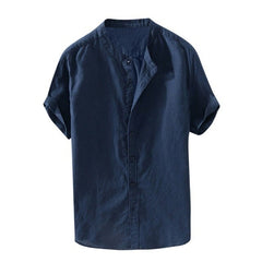 Simple Men's Short-sleeved Shirts Cotton Linen Summer Solid Color