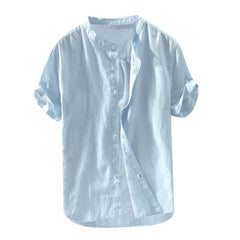 Simple Men's Short-sleeved Shirts Cotton Linen Summer Solid Color