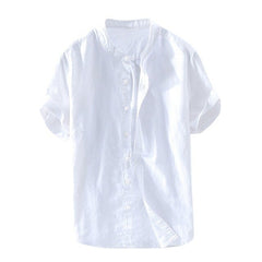 Simple Men's Short-sleeved Shirts Cotton Linen Summer Solid Color