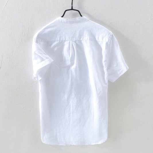 Simple Men's Short-sleeved Shirts Cotton Linen Summer Solid Color