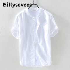 Simple Men's Short-sleeved Shirts Cotton Linen Summer Solid Color