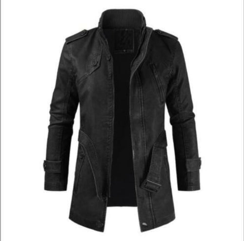 Winter Men's Thick Fleece Leather Jacket Coat Long Outwear Fashion