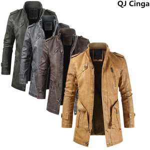 Winter Men's Thick Fleece Leather Jacket Coat Long Outwear Fashion