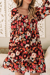 Multicolour Smocked High Waist Long Sleeve Floral Dress