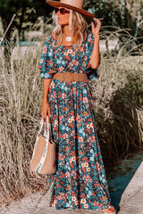 Sky Blue Floral Knotted Back Square Neck Maxi Dress