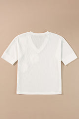 White Flower Applique Texture Knitted V Neck Top