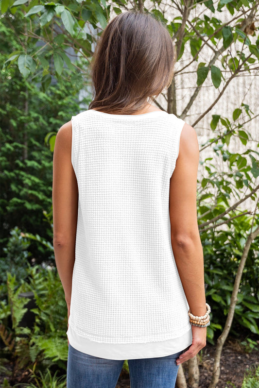 White Scoop Neck Waffle Knit Flowy Vest