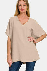 Zenana Full Size Texture V-Neck Short Sleeve Top