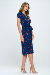 RENEE C Floral Tie Front Surplice Short Sleeve Dress