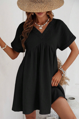 Black Folded Short Sleeve Lace V Neck Mini Dress