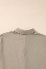 Simply Taupe Collared Half Buttons Folded Short Sleeve Oversize Top