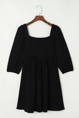 Black Suede Square Neck Puff Sleeve Dress