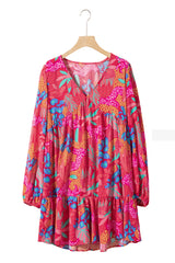 Rose Floral Print V Neck Bubble Sleeve Ruffled Mini Dress