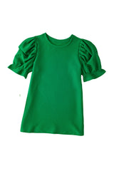 Dark Green Textured Ruffled Short Puff Sleeve Top