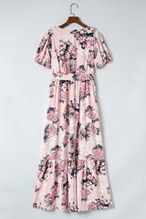 Pink Floral Puff Sleeve High Waist Maxi Dress