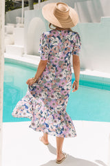 Purple Boho Floral Print Short Puff Sleeve Ruffled Hem Dress