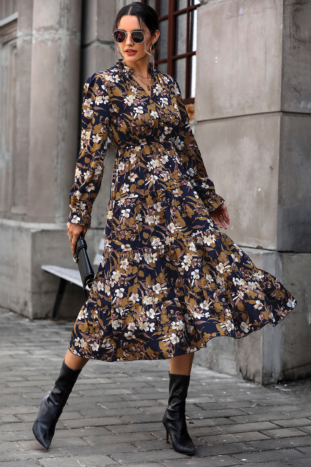 Perfee Floral Flounce Sleeve Tiered Dress