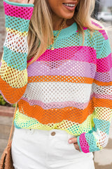 Openwork Color Block Round Neck Knit Top