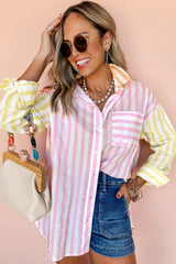 Pink Stripe Contrast Collar Long Sleeve Patchwork Shirt